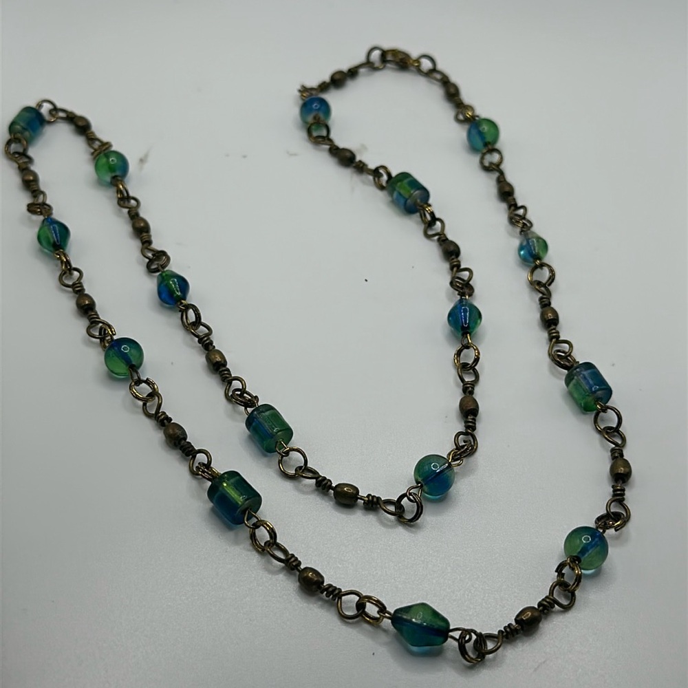 Boho green glass brass long necklace